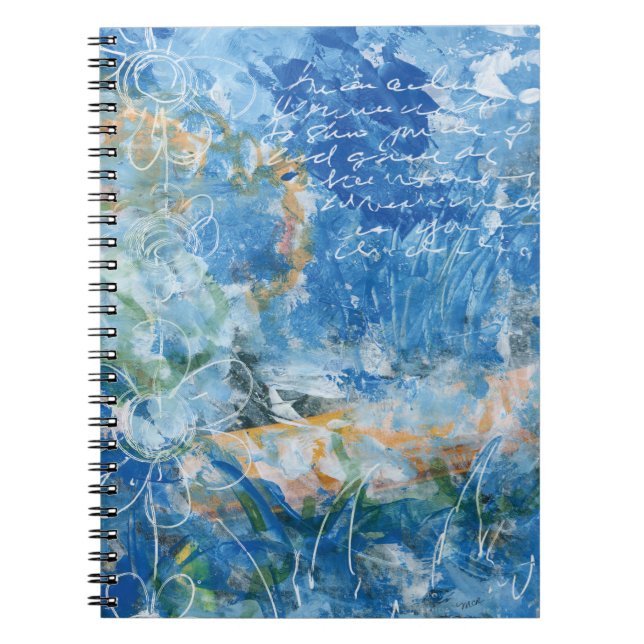 Cuaderno Spiral Notebook with mixed media artwork in blues. (Frente)