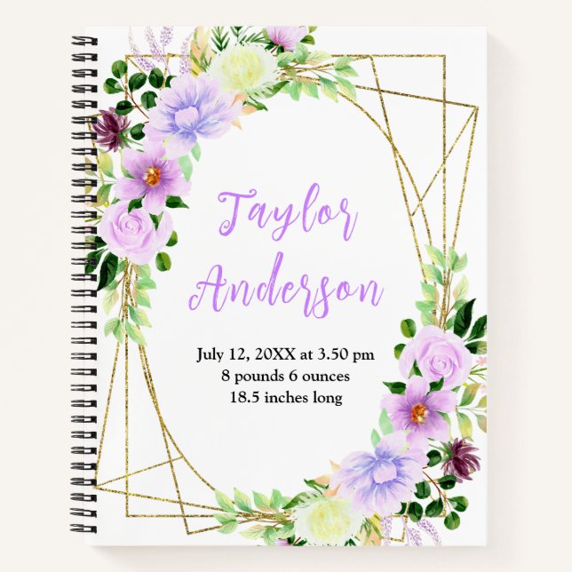 Cuaderno Spring Purple Floral Baby Birth Stats (Anverso)