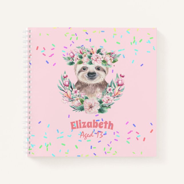 Cuaderno Sprinkles SLOTH Boho Chicas Flores rosas Regalos C (Anverso)