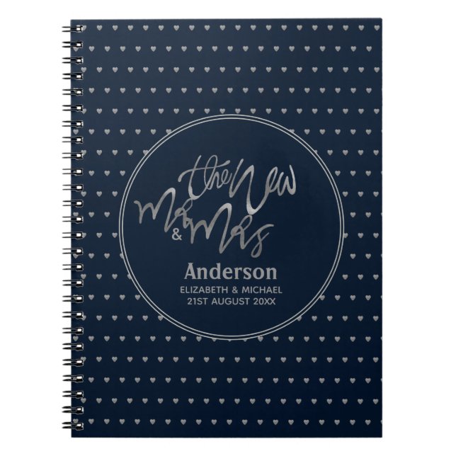 Cuaderno Sr. y Sra. Boda Navy Blue Silver Love Hearts (Frente)