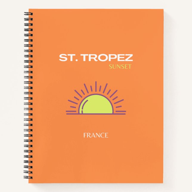 Cuaderno St Tropez, Francia, Sunset, Travel Art, Naranja (Anverso)
