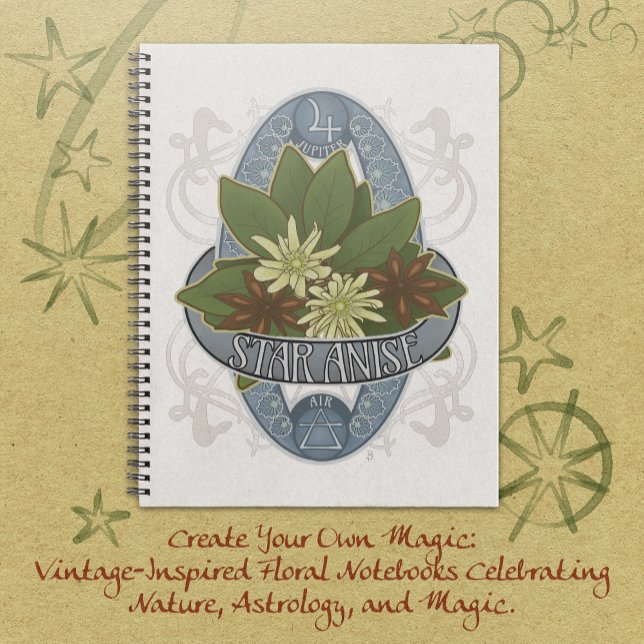 Cuaderno Star Anise - Flor Astrología y Mágica (Star Anise-Flower Astrology & Magic Notebook vintage-style art of flowers and their magical symbols.)
