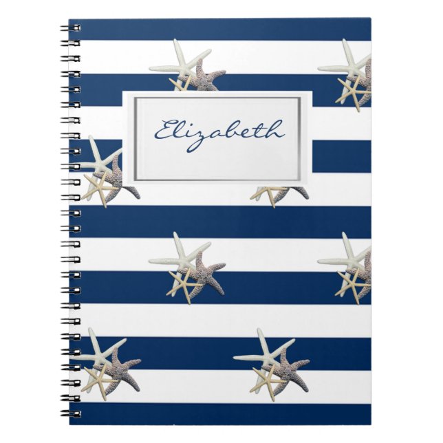 Cuaderno Starfish Adorable, Navy Blue Stripes Personalizado (Frente)