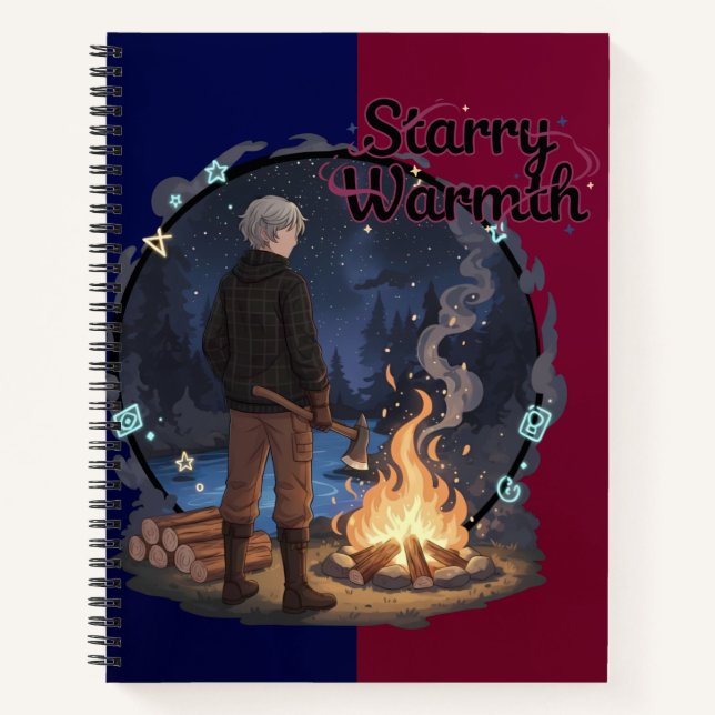 Cuaderno Starry Warmth - Lumberjack Anime Boy by Campfire (Anverso)