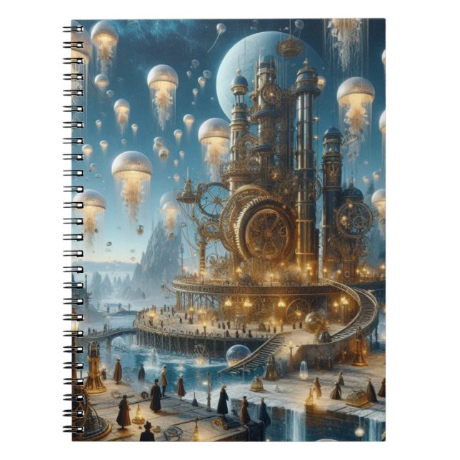 Cuaderno Steampunk Futurista ciudad antigua con medusas (Frente)