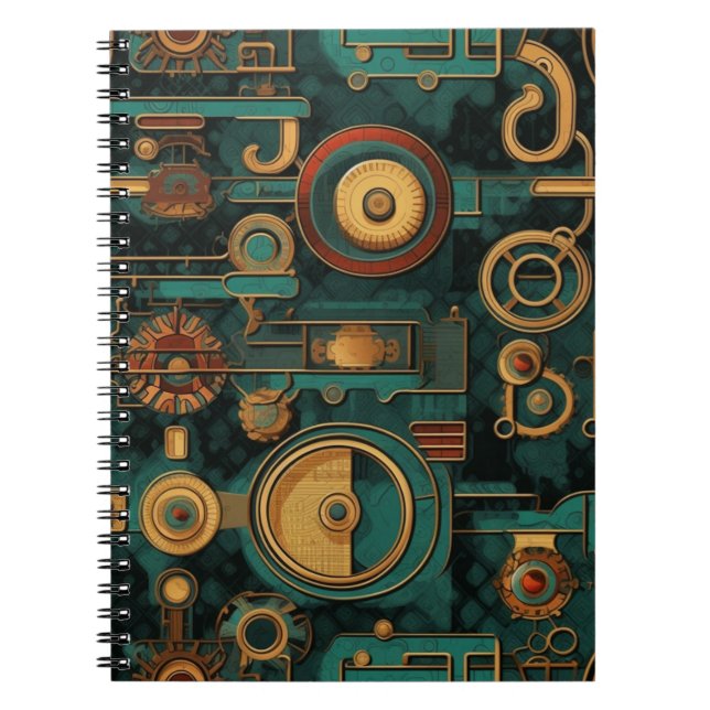 Cuaderno Steampunk Verde azulado oro rojo (Frente)