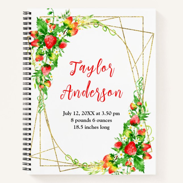 Cuaderno Strawberries and Foliage Baby Birth Stats (Anverso)
