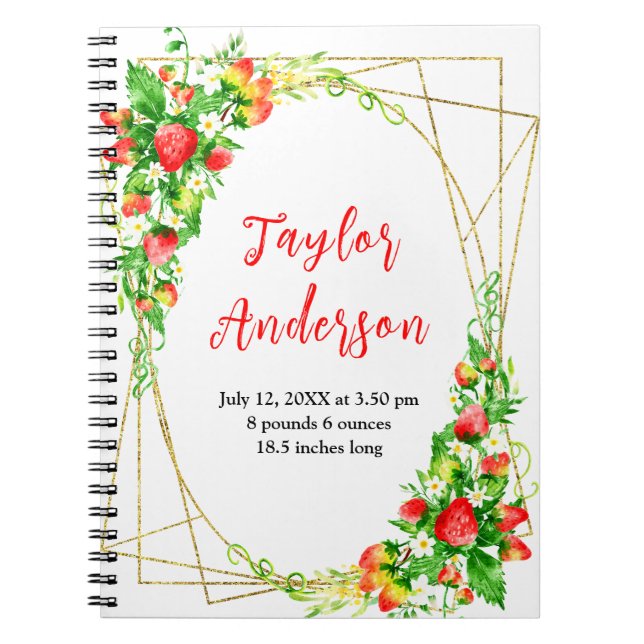 Cuaderno Strawberries and Foliage Baby Birth Stats (Frente)