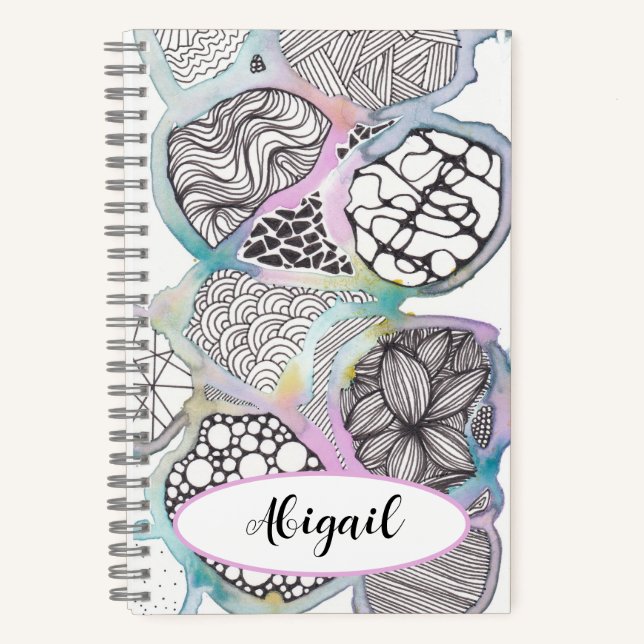Cuaderno Su nombre, acuarela de bonito y diseño de doodle (Anverso)