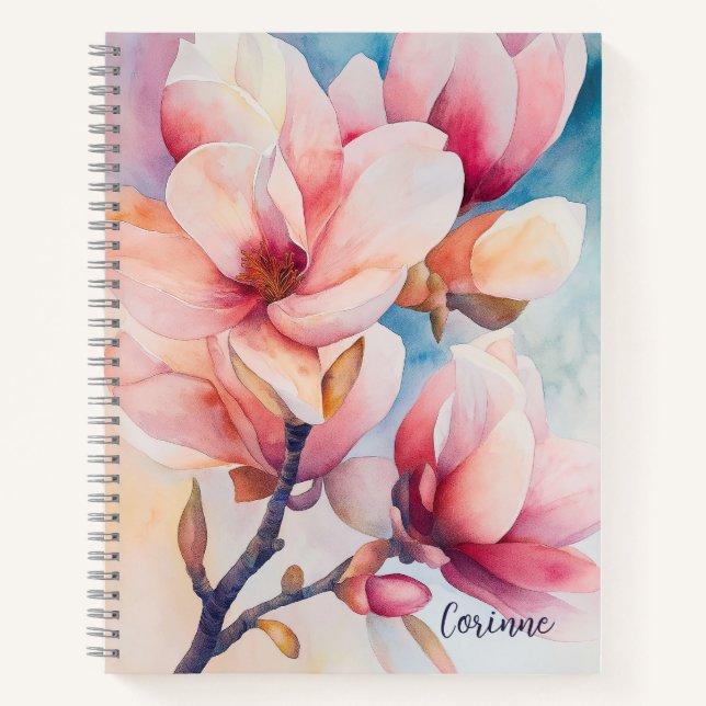 Cuaderno Su nombre elegancia Flores de Magnolia Rosa (Anverso)