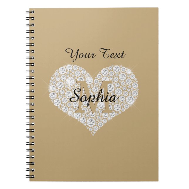 Cuaderno Su texto, corazón de diamante, monograma de oro, n (Frente)