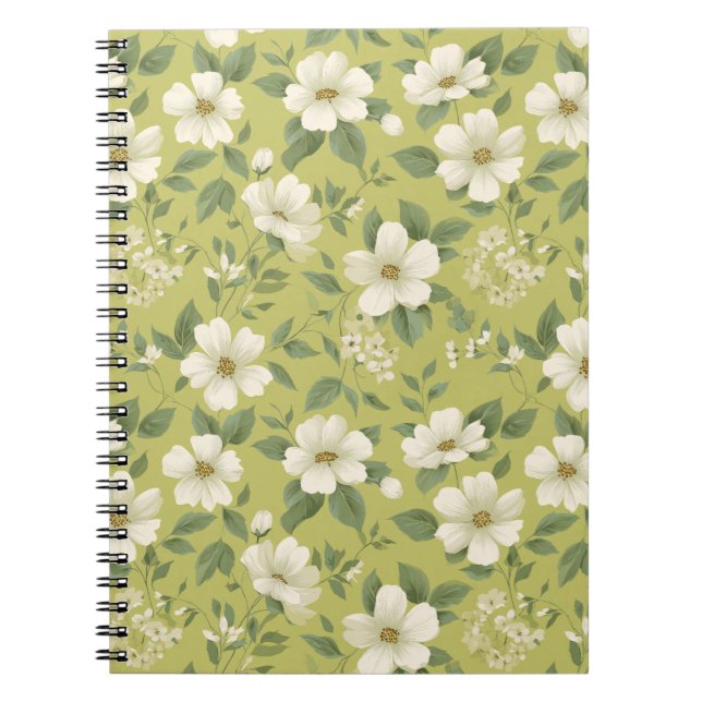 Cuaderno Suave patrón floral de crema de flor verde (Frente)
