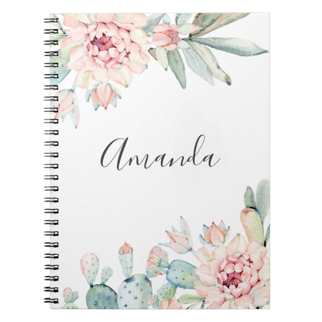 Cuaderno Suculentos acuarelas. Cactus floral rosado. Cacti (Frente)