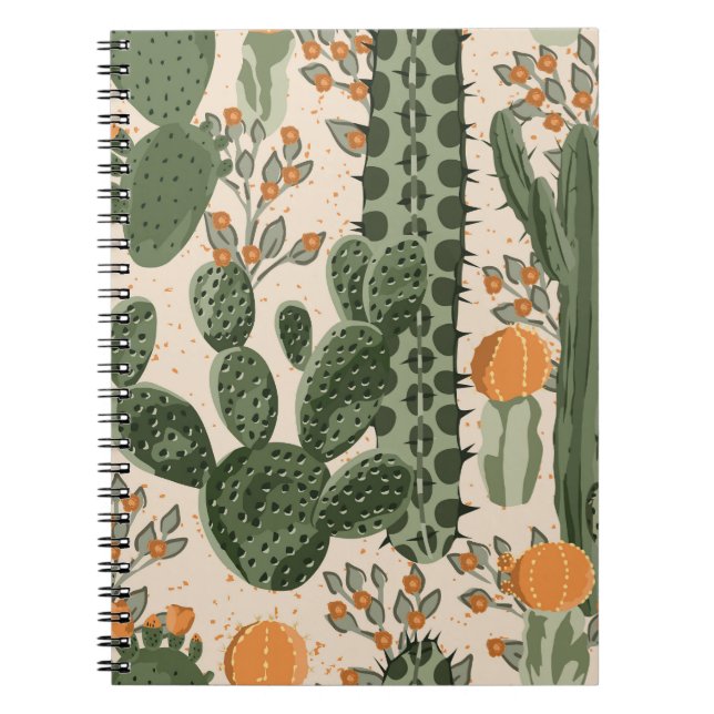 Cuaderno Suculentos verdes, flores naranjas, papel pintado  (Frente)
