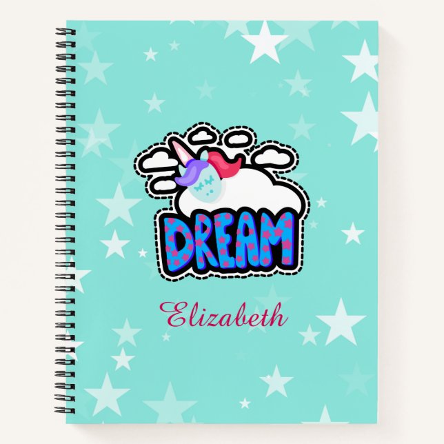 Cuaderno Sueño Cute Unicorn | Azul | Personalizar su nombre (Anverso)