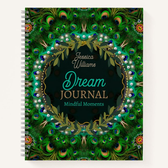 Cuaderno Sueños Boho Plumas de Pavo Real Mandala Verde (Anverso)