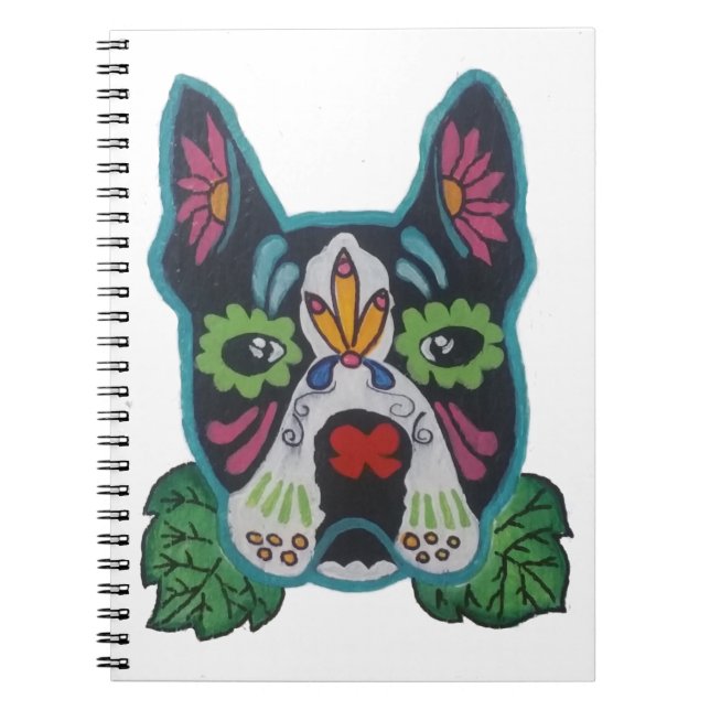 Cuaderno Sugar Skull Pink Green Boston Terrier Folk Art (Frente)