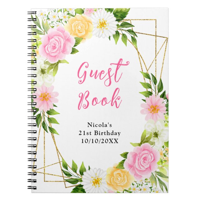 Cuaderno Summer Pink and Yellow Flowers Birthday Guest Book (Frente)