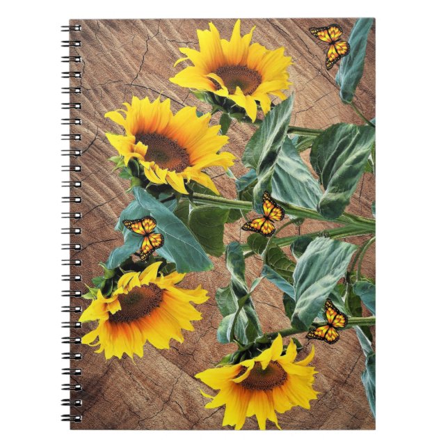 Cuaderno Sunflowers Butterflies Rustic Barn Board (Frente)