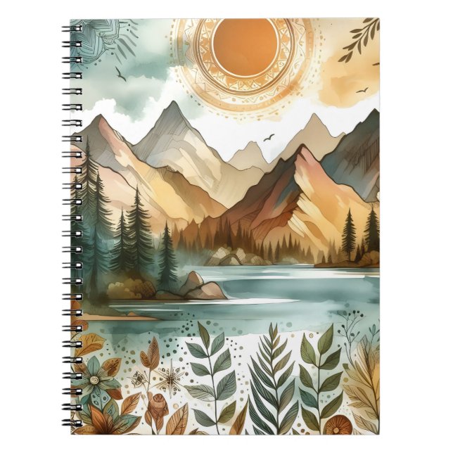 Cuaderno Sunny Rustic Boho Nature Pattern Mountain Lake (Frente)
