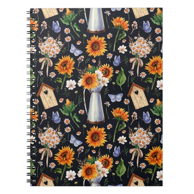 Cuaderno Sunny Rustic Watercolor Sunflowers Pattern (Frente)