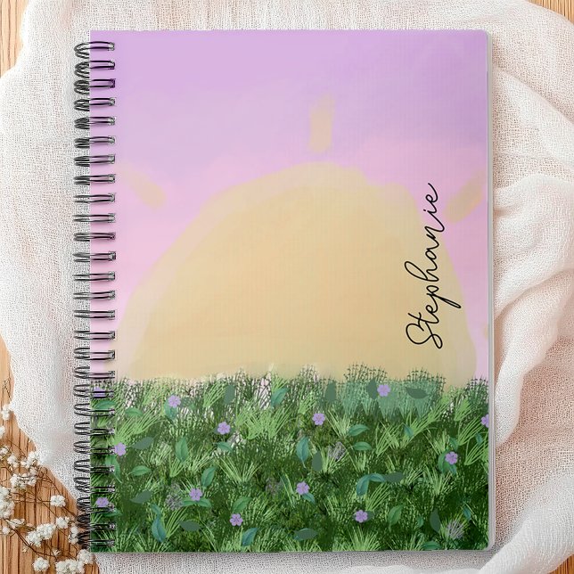 Cuaderno Sunrise Meadow Personalizado - Personalizado Paste (Start your day with inspiration using this serene personalized notebook featuring a naive sunset)