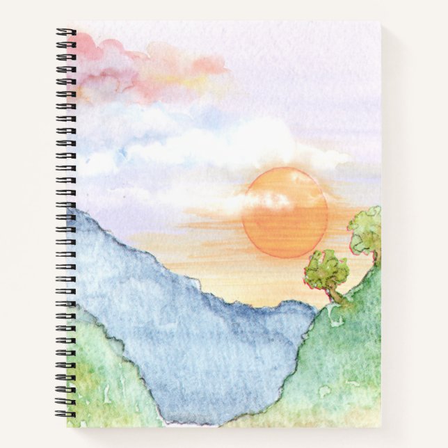 Cuaderno Sunset acuarela sobre montañas y árboles (Anverso)