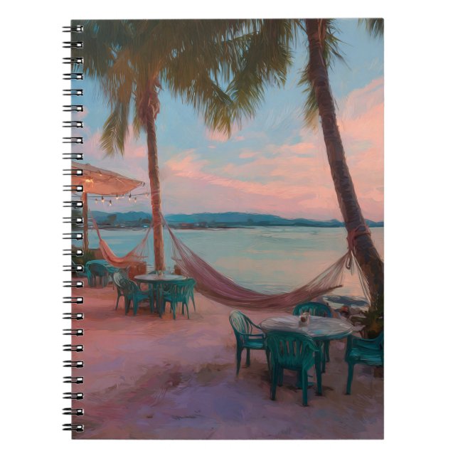 Cuaderno Sunset Beach Café Hammock Vibes Nota de arte (Frente)