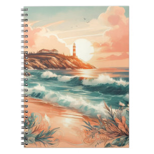 Cuaderno Sunset Lighthouse Ocean Beach Boho Floral