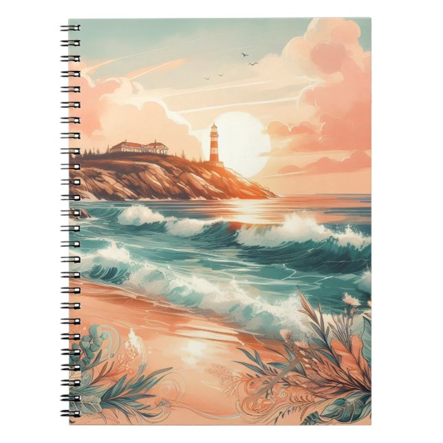 Cuaderno Sunset Lighthouse Ocean Beach Boho Floral (Frente)