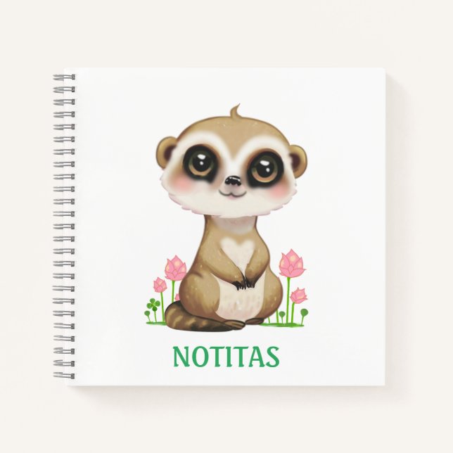 Cuaderno Suricata linda y flores sobre blanco (Anverso)