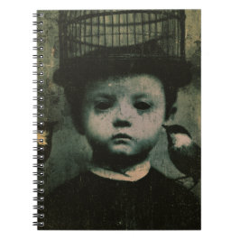 Cuaderno Surrealista pájaro enjaulado y niño retro en blanc