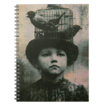 Surrealista pájaro enjaulado y niño retro en blanc