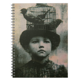 Cuaderno Surrealista pájaro enjaulado y niño retro en blanc