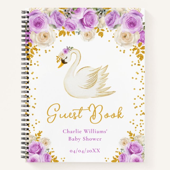 Cuaderno Swan Purple Gold Rosas Baby Shower Guest Book (Anverso)