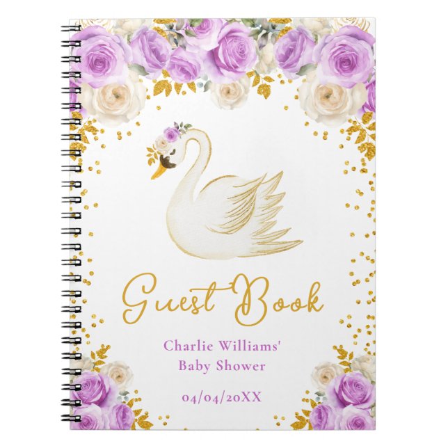 Cuaderno Swan Purple Gold Rosas Baby Shower Guest Book (Frente)