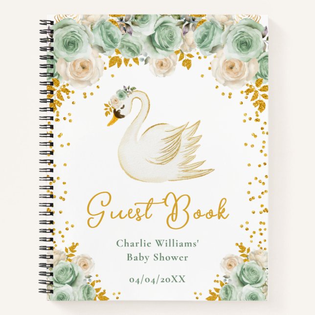 Cuaderno Swan Sage Green Gold Rosas Baby Shower Guest Book (Anverso)