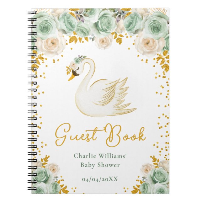 Cuaderno Swan Sage Green Gold Rosas Baby Shower Guest Book (Frente)