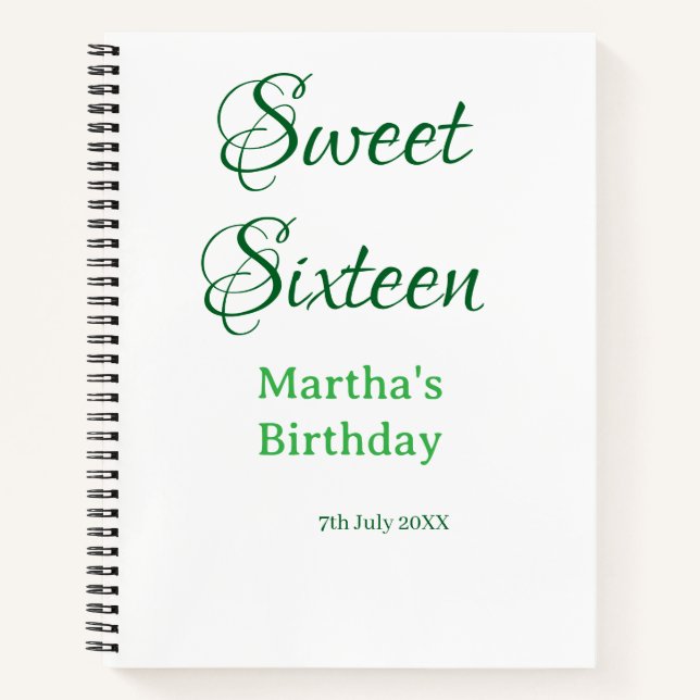 Cuaderno Sweet Sixteen green name date calligraphy boho ret (Anverso)