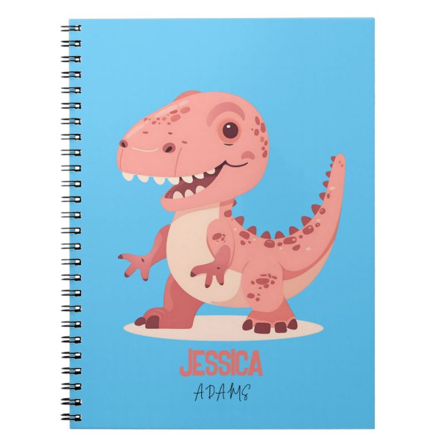 Cuaderno T-Rex Dino Rosa Juguetón Con Nombre de Niño (Frente)
