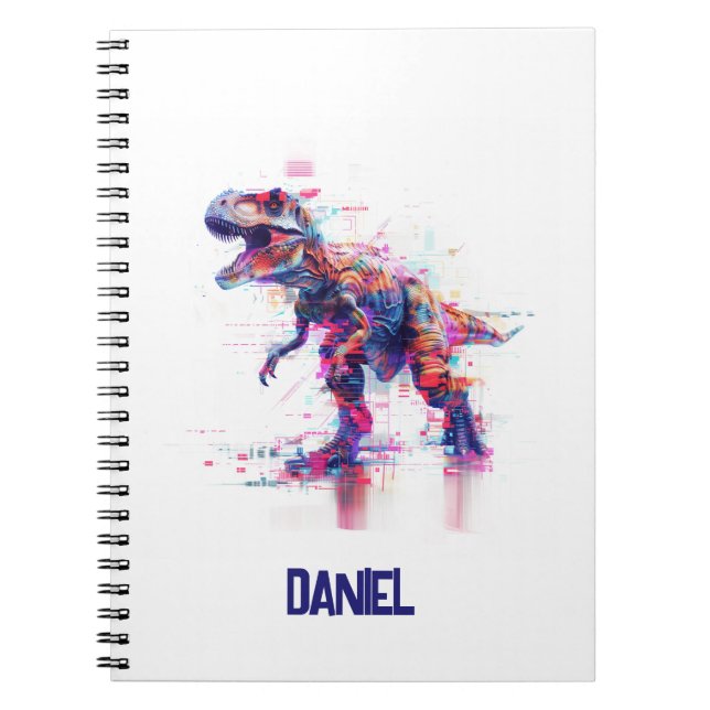 Cuaderno T-Rex Dinosaur Glitch Futurista Con Nombre De Niño (Frente)