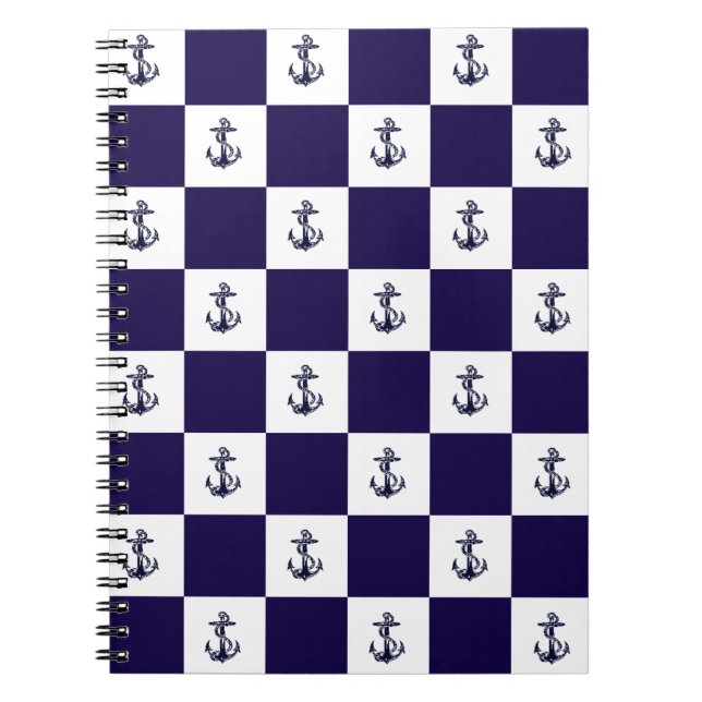 Cuaderno Tablero de ajedrez de ancla azul marino náutico (Frente)