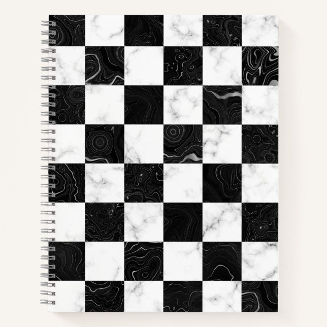 Cuaderno Tablero de ajedrez de mármol blanco negro y plata (Anverso)
