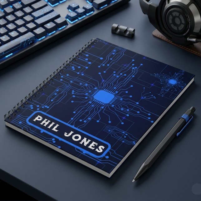 Cuaderno Tablero de Circuito Azul Personalizado Tech Geek (Personalized Blue Circuit Board Tech Geek Notebook)