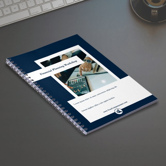 Cuaderno Taller de planificación financiera blanco y azul (Financial Planning Workshop White & Blue Notebook with Logo)
