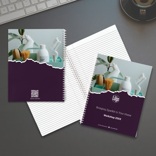 Cuaderno Taller promocional de morado más limpio (Promotional Cleaner Purple Workshop Notebook with Logo, Social Connect, Scannable QR code)