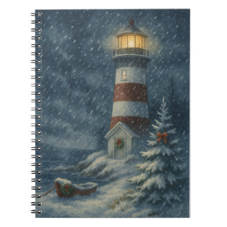 Cuaderno Tarjeta de Navidades de tormenta de nieve en faro