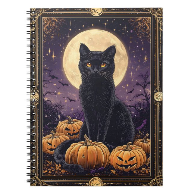 Cuaderno Tarjeta tarot con temática de Halloween con gato n (Frente)