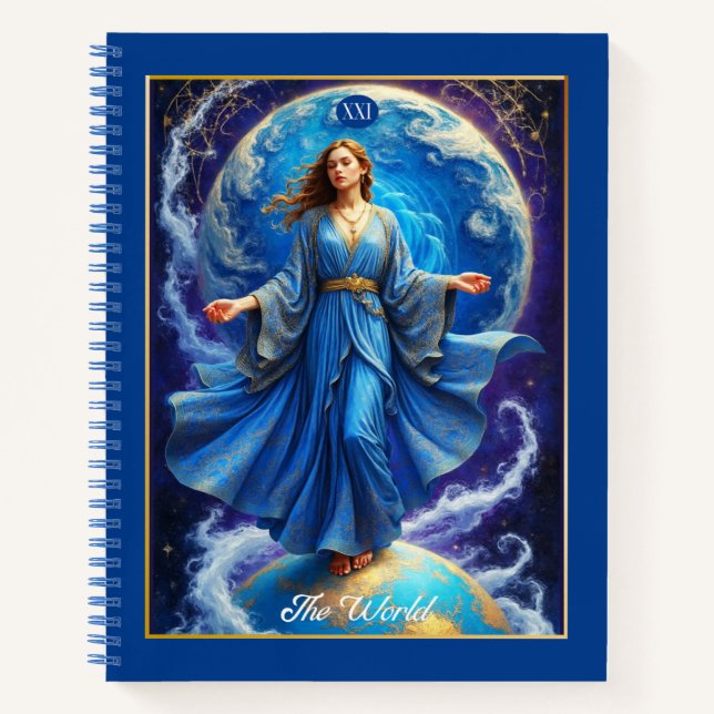 Cuaderno Tarjeta Tarot, el mundo, en Deep Blue Journal (Anverso)