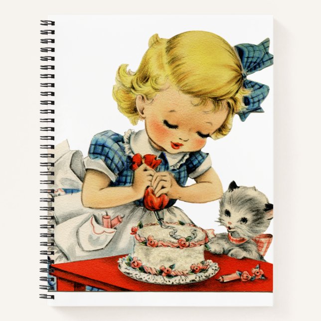 Cuaderno Tarta de cumpleaños retro de niña gato arte infant (Anverso)